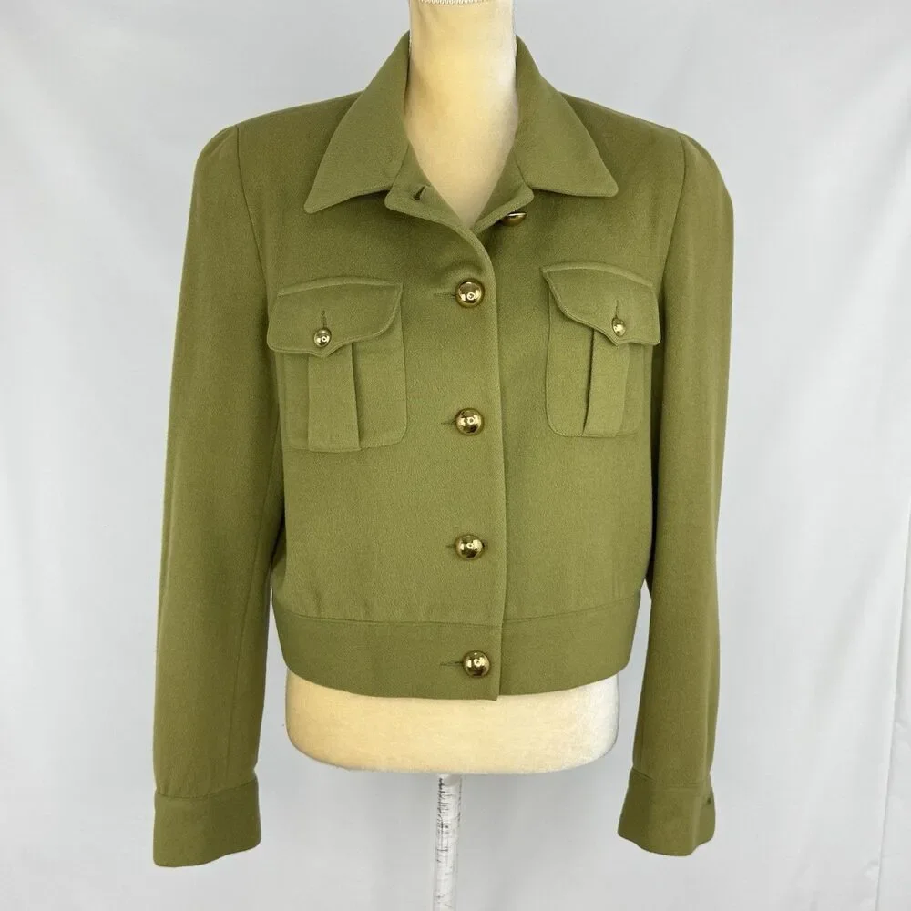 Vintage Olive Green Wool Blend Cropped Jacket Women’s Sz 8 Gold Button Military - Picture 2 of 16